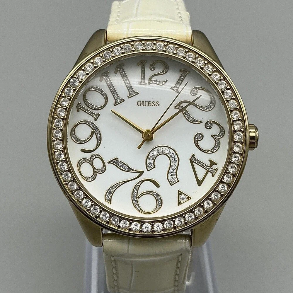 Guess Womens Watch 37mm White Dial Gold Crystals White Leather New Battery